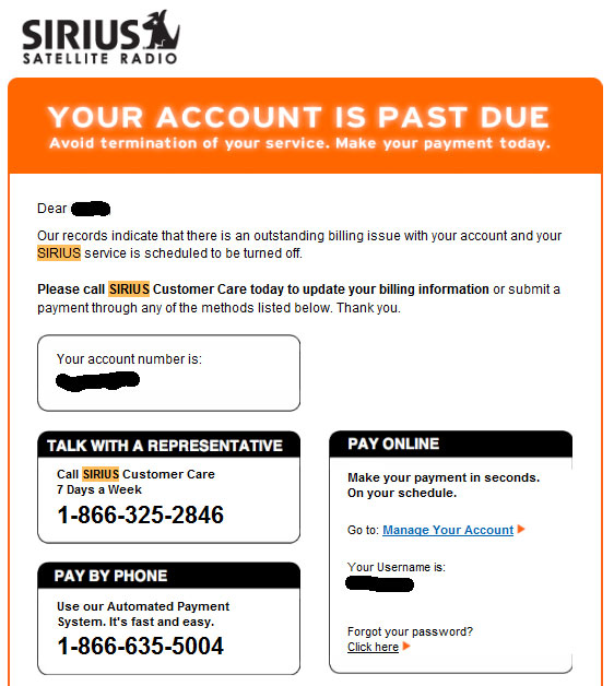 Sirius "Your account is past due" email scam — Somewhere Awful